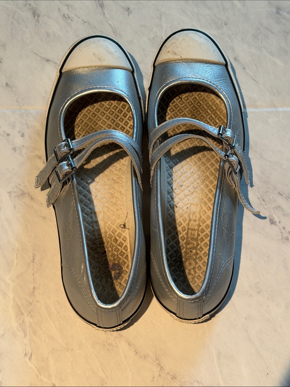 Womens Silver Mary Jane Sneakers with Dual Buckle Straps